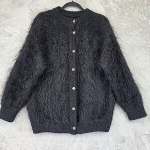 Fuzzy Cardigan Sweater Womens Large Black Crew Neck Button Front Knit Cozy